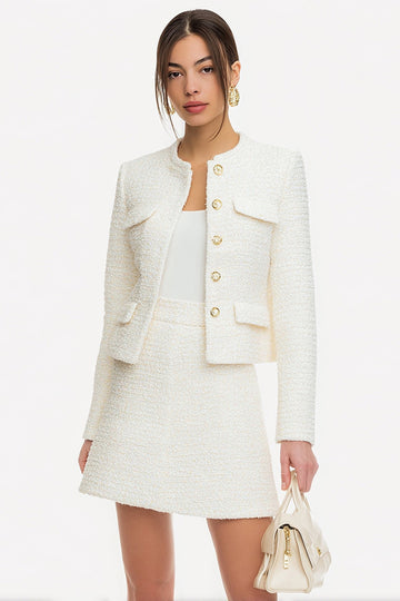 White Tweed 2-Piece Single Breasted Mini Skirt Suits
